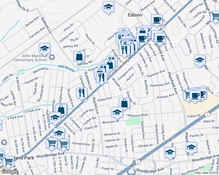 map of restaurants, bars, coffee shops, grocery stores, and more near 33 Belmont Avenue in Edison
