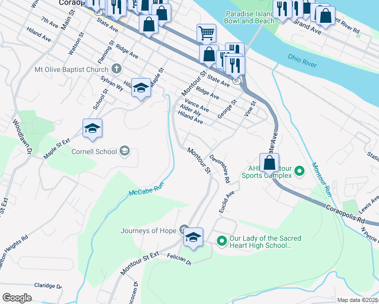 map of restaurants, bars, coffee shops, grocery stores, and more near 1708 Montour Street Extension in Coraopolis