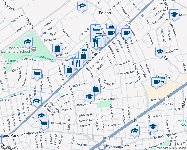 map of restaurants, bars, coffee shops, grocery stores, and more near 23 Morgan Drive in Edison