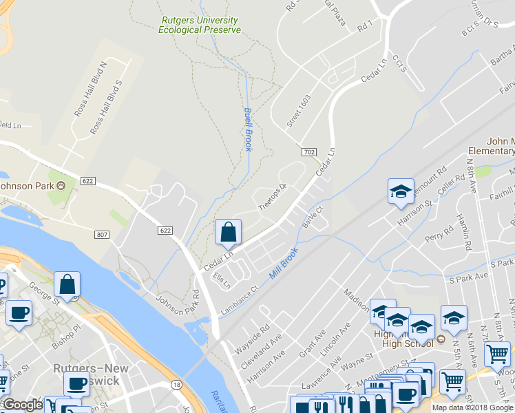 map of restaurants, bars, coffee shops, grocery stores, and more near 33 Maple Court in Highland Park