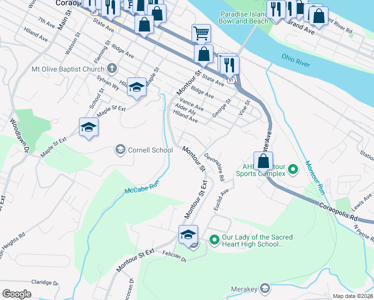 map of restaurants, bars, coffee shops, grocery stores, and more near 1711 Montour Street Extension in Coraopolis