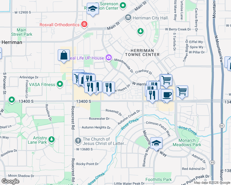 map of restaurants, bars, coffee shops, grocery stores, and more near 5354 Sonova Lane in Herriman