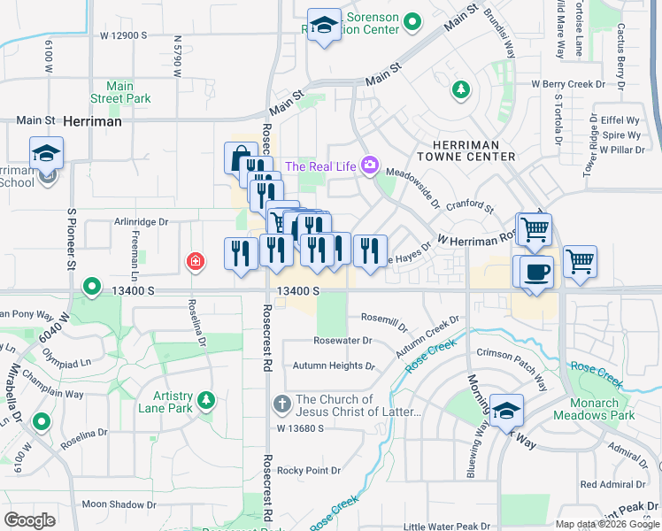 map of restaurants, bars, coffee shops, grocery stores, and more near 13352 South Moseley Way in Herriman