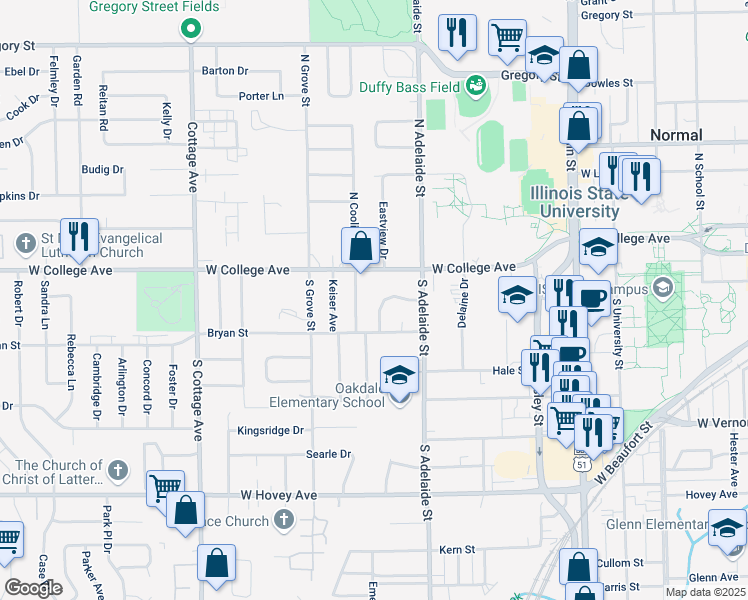 map of restaurants, bars, coffee shops, grocery stores, and more near 16 Wilmette Drive in Normal