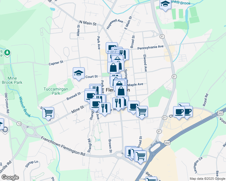 map of restaurants, bars, coffee shops, grocery stores, and more near 9 Mine Street in Flemington