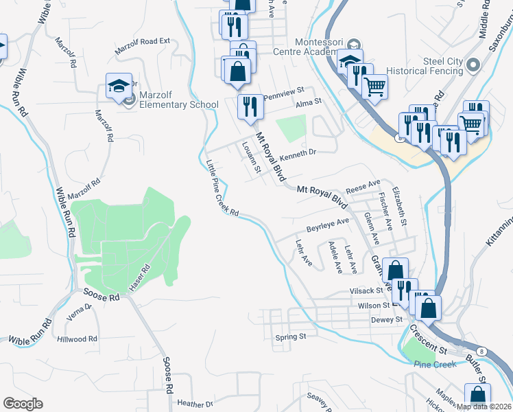 map of restaurants, bars, coffee shops, grocery stores, and more near 438 Little Pine Creek Road in Pittsburgh