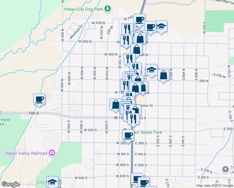 map of restaurants, bars, coffee shops, grocery stores, and more near 93 North 100 West in Heber City