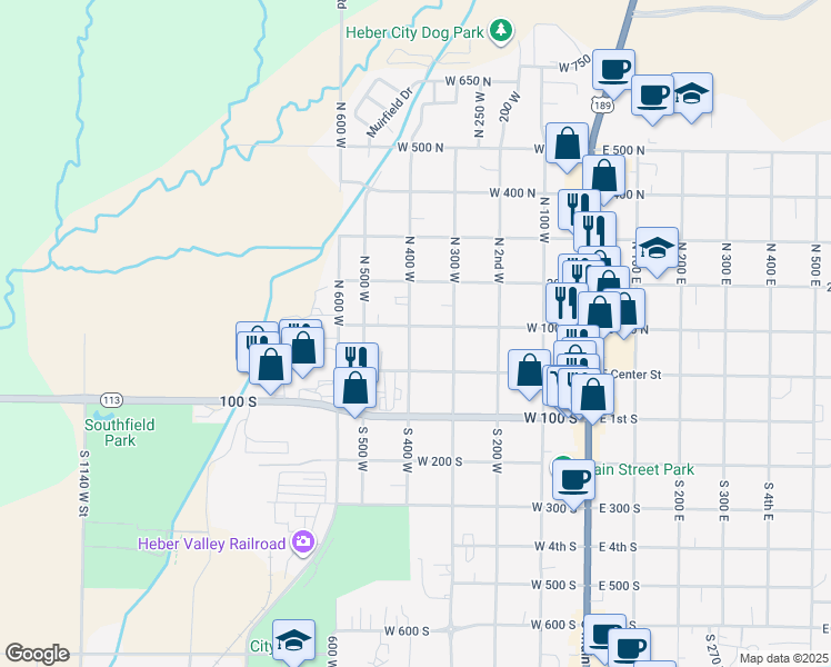 map of restaurants, bars, coffee shops, grocery stores, and more near 90 North 400 West in Heber City