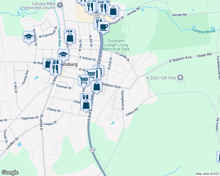 map of restaurants, bars, coffee shops, grocery stores, and more near 140 East Station Avenue in Coopersburg