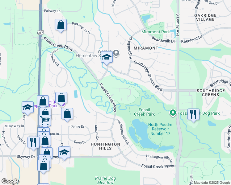 map of restaurants, bars, coffee shops, grocery stores, and more near 5620 Fossil Creek Parkway in Fort Collins