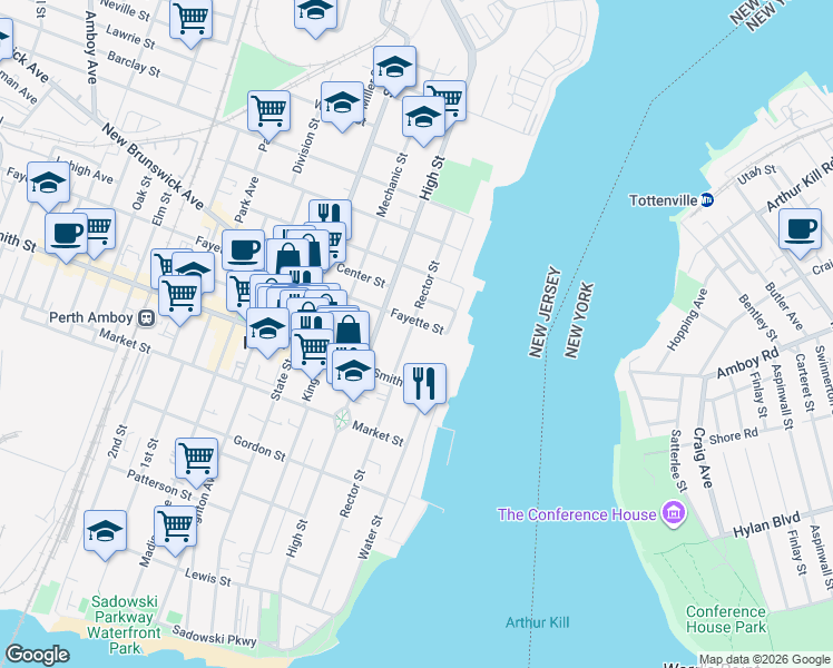 map of restaurants, bars, coffee shops, grocery stores, and more near 333 Rector Street in Perth Amboy