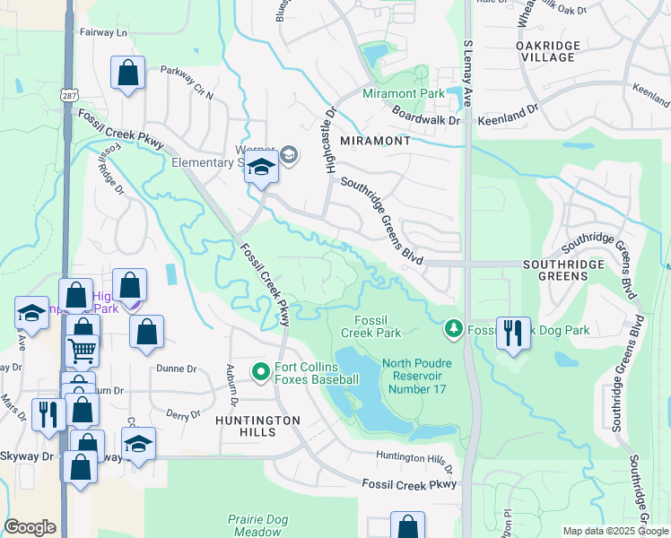 map of restaurants, bars, coffee shops, grocery stores, and more near 5620 Fossil Creek Parkway in Fort Collins