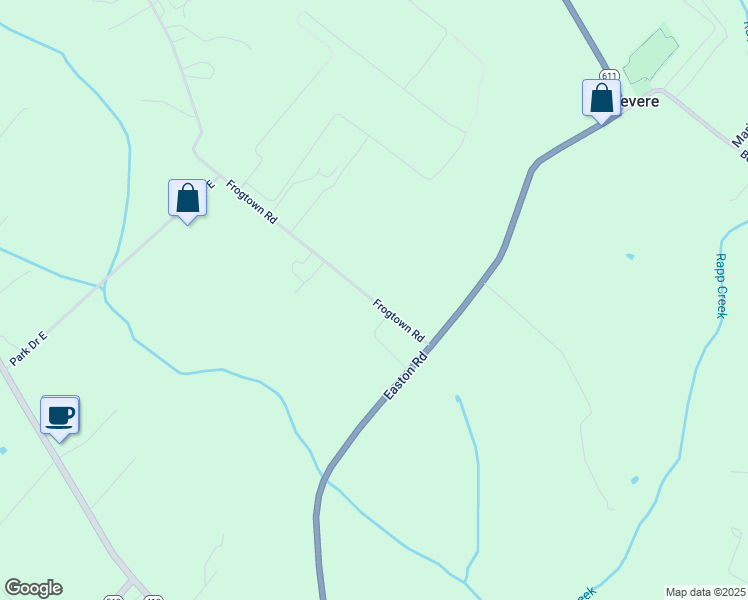 map of restaurants, bars, coffee shops, grocery stores, and more near 45 Frogtown Road in Ottsville