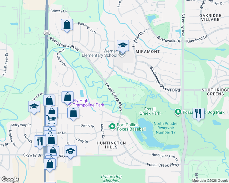 map of restaurants, bars, coffee shops, grocery stores, and more near 5620 Fossil Creek Parkway in Fort Collins