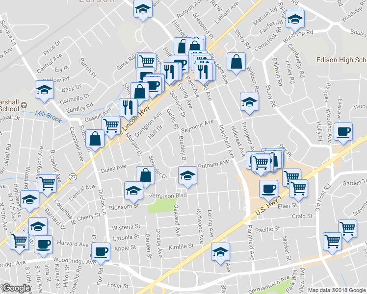 map of restaurants, bars, coffee shops, grocery stores, and more near 1 Pannonia Avenue in Edison