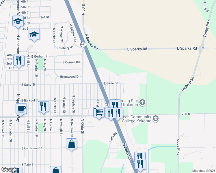 map of restaurants, bars, coffee shops, grocery stores, and more near 2324 North Elizabeth Street in Kokomo