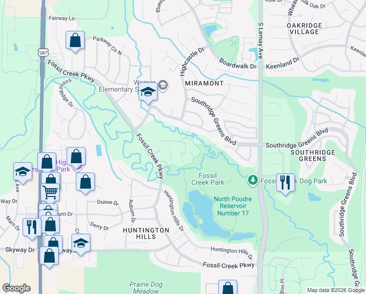 map of restaurants, bars, coffee shops, grocery stores, and more near 5620 Fossil Creek Parkway in Fort Collins