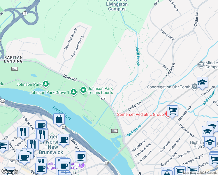 map of restaurants, bars, coffee shops, grocery stores, and more near 433 River Road in Highland Park