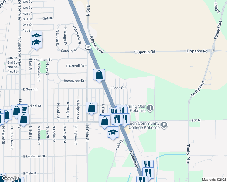 map of restaurants, bars, coffee shops, grocery stores, and more near 2324 North Elizabeth Street in Kokomo