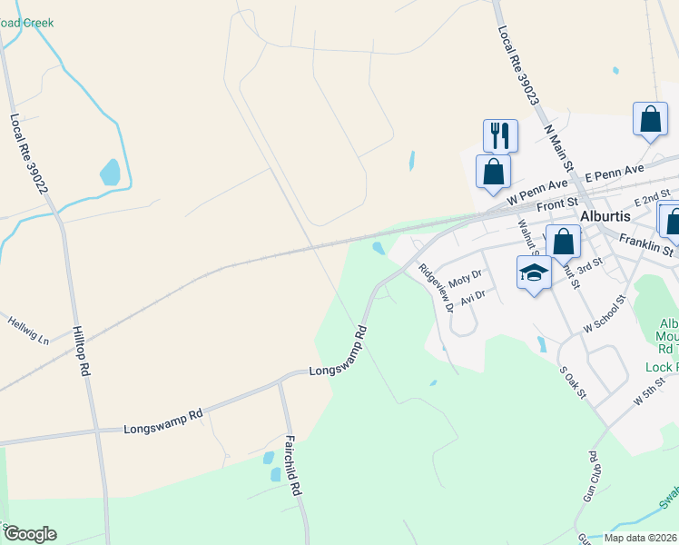 map of restaurants, bars, coffee shops, grocery stores, and more near 3043 Smith Ln in Alburtis