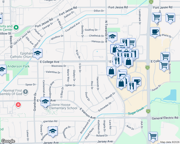 map of restaurants, bars, coffee shops, grocery stores, and more near 107 Riss Drive in Normal