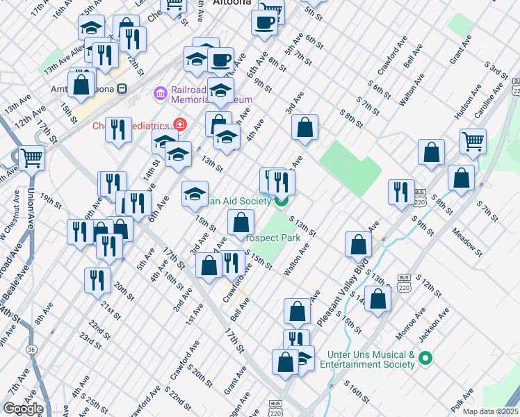 map of restaurants, bars, coffee shops, grocery stores, and more near 1306 1st Avenue in Altoona