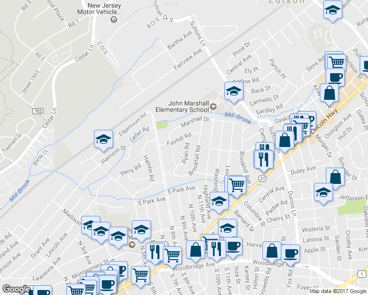 map of restaurants, bars, coffee shops, grocery stores, and more near 18 Ryan Road in Edison