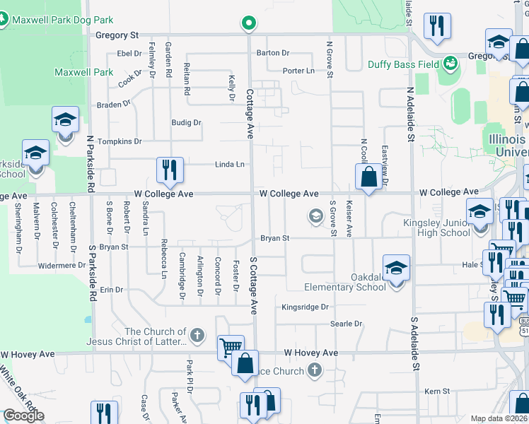 map of restaurants, bars, coffee shops, grocery stores, and more near 106 Nottingham Chase in Normal