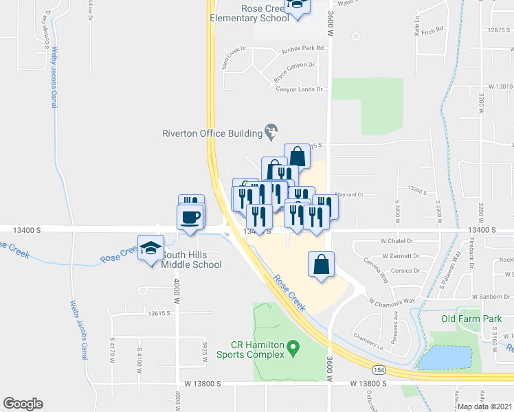 map of restaurants, bars, coffee shops, grocery stores, and more near 13332 South Market Center Drive in Riverton