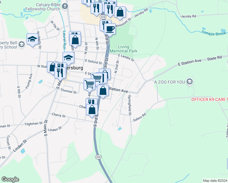 map of restaurants, bars, coffee shops, grocery stores, and more near 140 East Station Avenue in Coopersburg