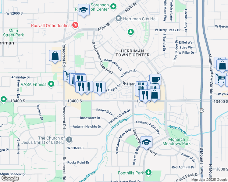 map of restaurants, bars, coffee shops, grocery stores, and more near 5306 Solafax Lane in Herriman