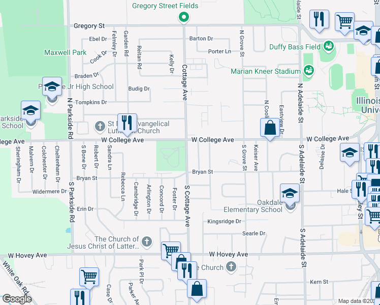 map of restaurants, bars, coffee shops, grocery stores, and more near 106 South Cottage Avenue in Normal