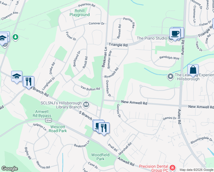 map of restaurants, bars, coffee shops, grocery stores, and more near 66 Dunedain Street in Somerset County