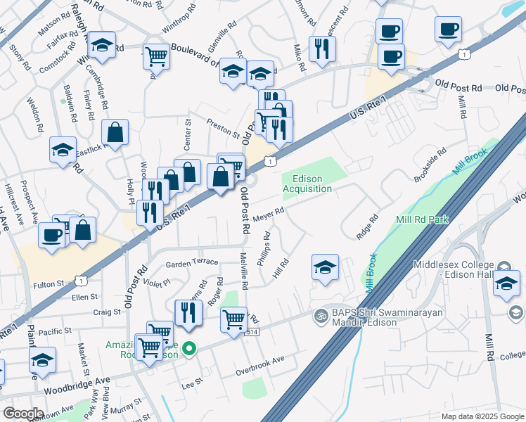 map of restaurants, bars, coffee shops, grocery stores, and more near 3 Marie Lane in Edison