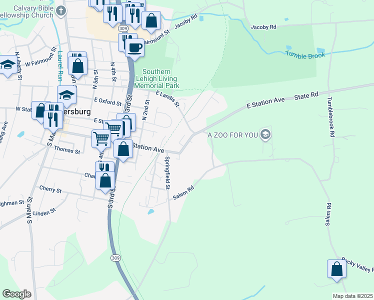 map of restaurants, bars, coffee shops, grocery stores, and more near 44-46 East Station Avenue in Coopersburg