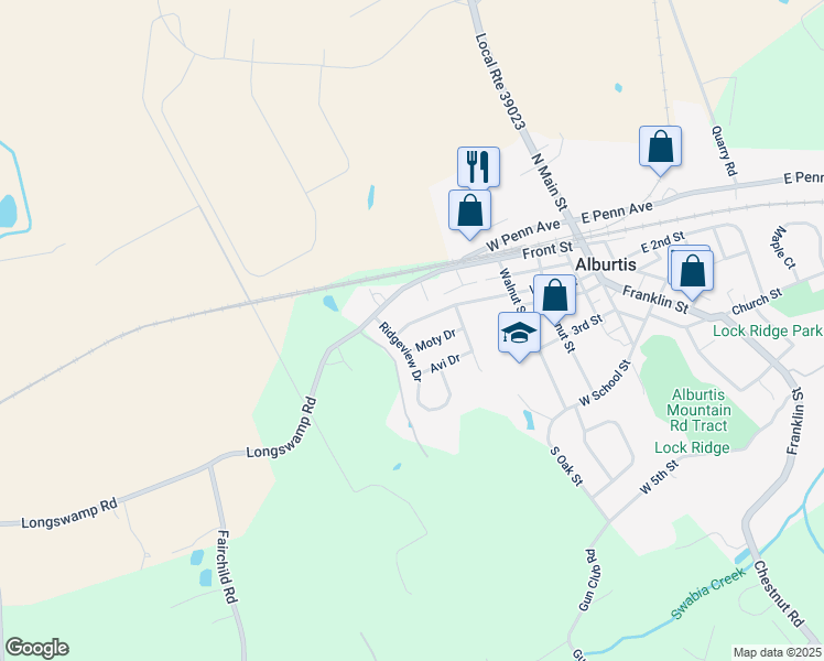 map of restaurants, bars, coffee shops, grocery stores, and more near 354 W 2nd St in Alburtis