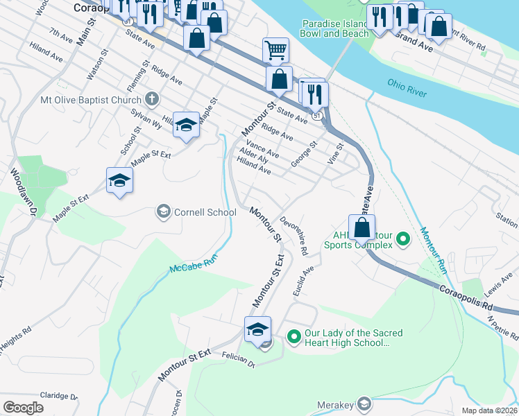 map of restaurants, bars, coffee shops, grocery stores, and more near 1711 Montour Street Extension in Coraopolis