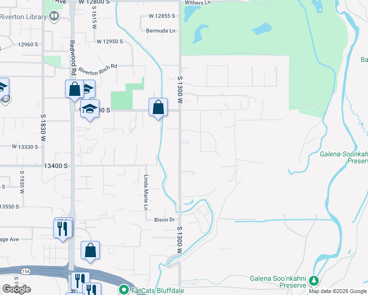 map of restaurants, bars, coffee shops, grocery stores, and more near 13341 South 1300 West in Riverton
