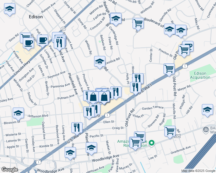 map of restaurants, bars, coffee shops, grocery stores, and more near 29 Dey Place in Edison