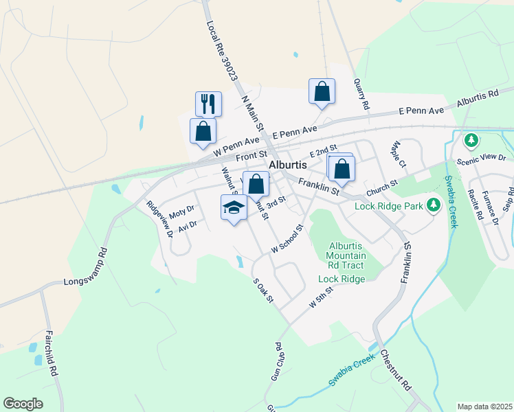 map of restaurants, bars, coffee shops, grocery stores, and more near 103 3rd Street in Alburtis