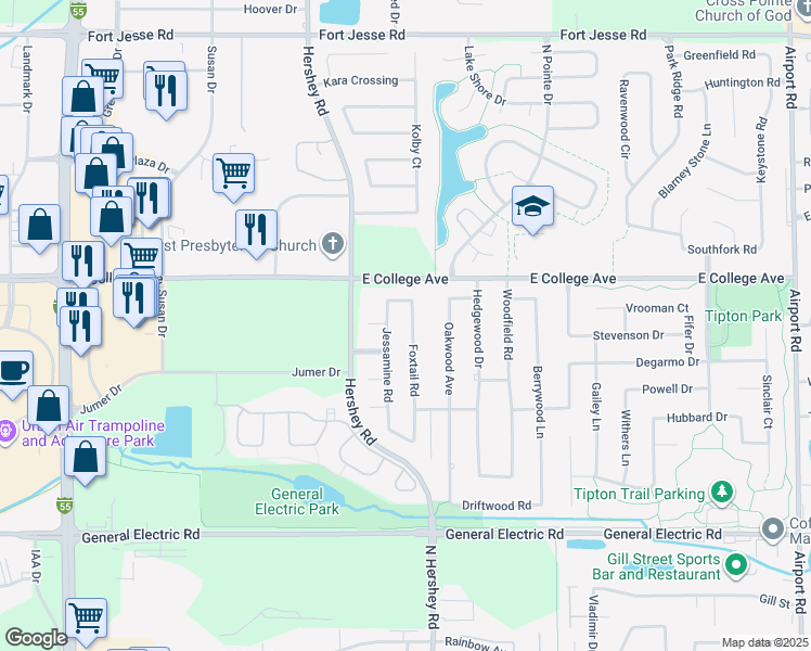 map of restaurants, bars, coffee shops, grocery stores, and more near 2208 Foxtail Road in Bloomington