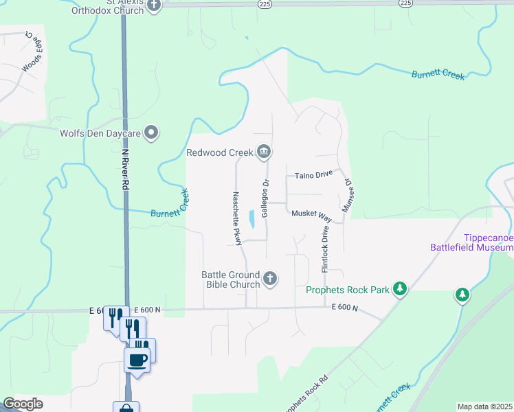 map of restaurants, bars, coffee shops, grocery stores, and more near 6146 Gallegos Drive in West Lafayette