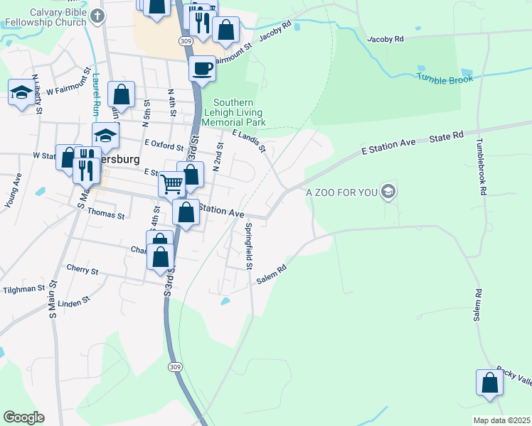 map of restaurants, bars, coffee shops, grocery stores, and more near 71 East Station Avenue in Coopersburg