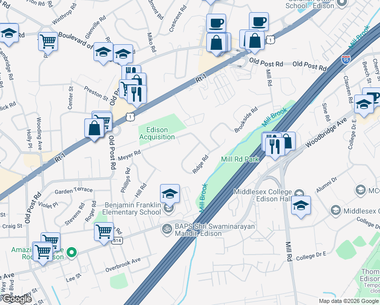 map of restaurants, bars, coffee shops, grocery stores, and more near 9 Ridge Road in Edison