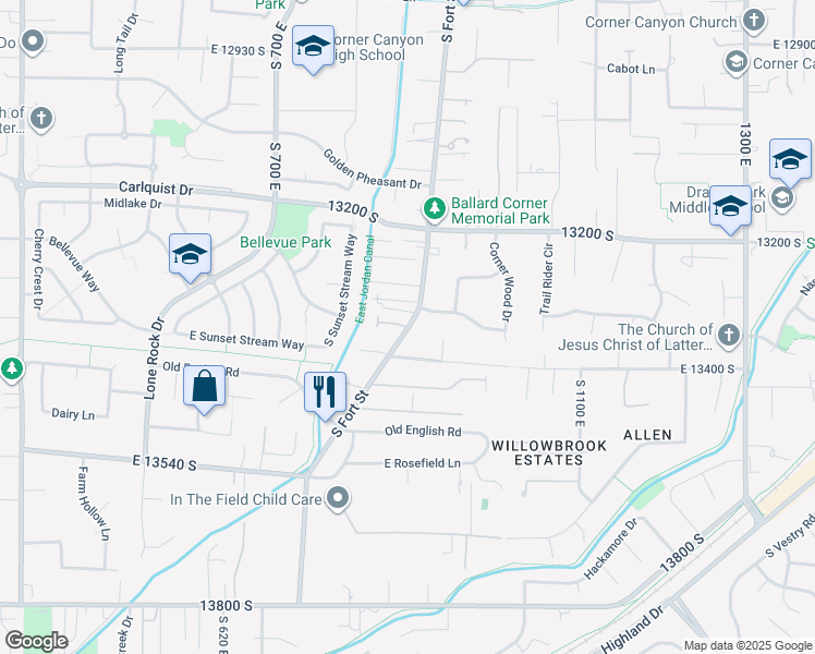 map of restaurants, bars, coffee shops, grocery stores, and more near 879 Draper Meadow Lane South in Draper