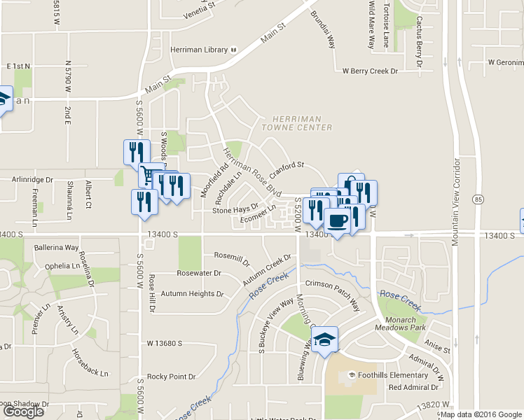 map of restaurants, bars, coffee shops, grocery stores, and more near 5287 Solafax Lane in Herriman