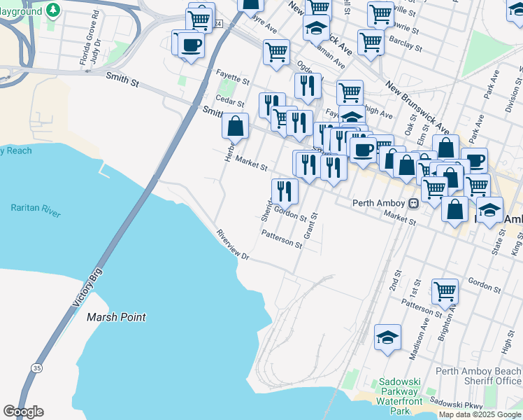 map of restaurants, bars, coffee shops, grocery stores, and more near 185 Sheridan Street in Perth Amboy