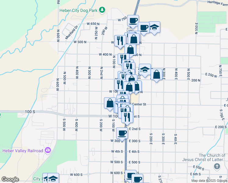 map of restaurants, bars, coffee shops, grocery stores, and more near W 100 N & N 100 W in Heber City
