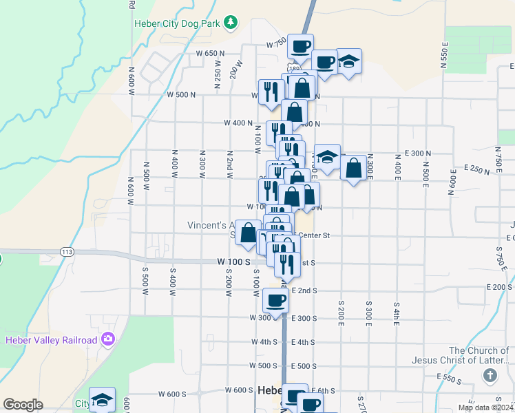 map of restaurants, bars, coffee shops, grocery stores, and more near W 100 N & N 100 W in Heber City