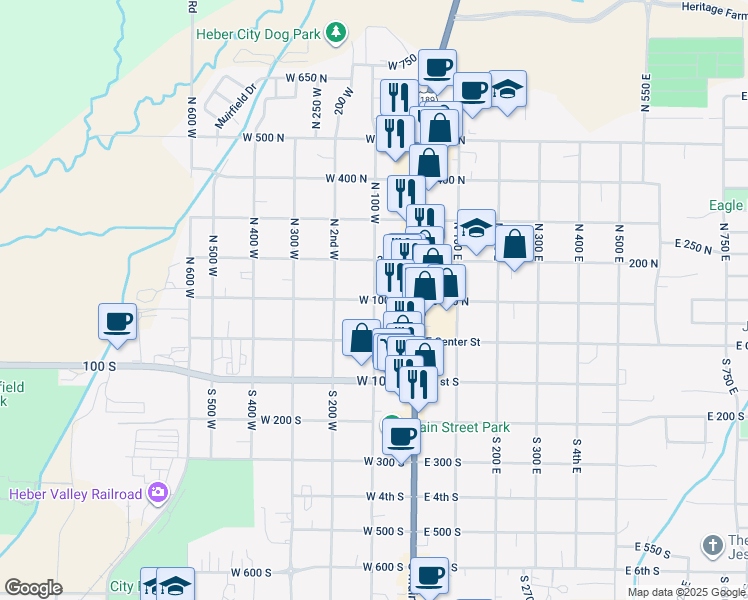 map of restaurants, bars, coffee shops, grocery stores, and more near 102 West 100 North in Heber City